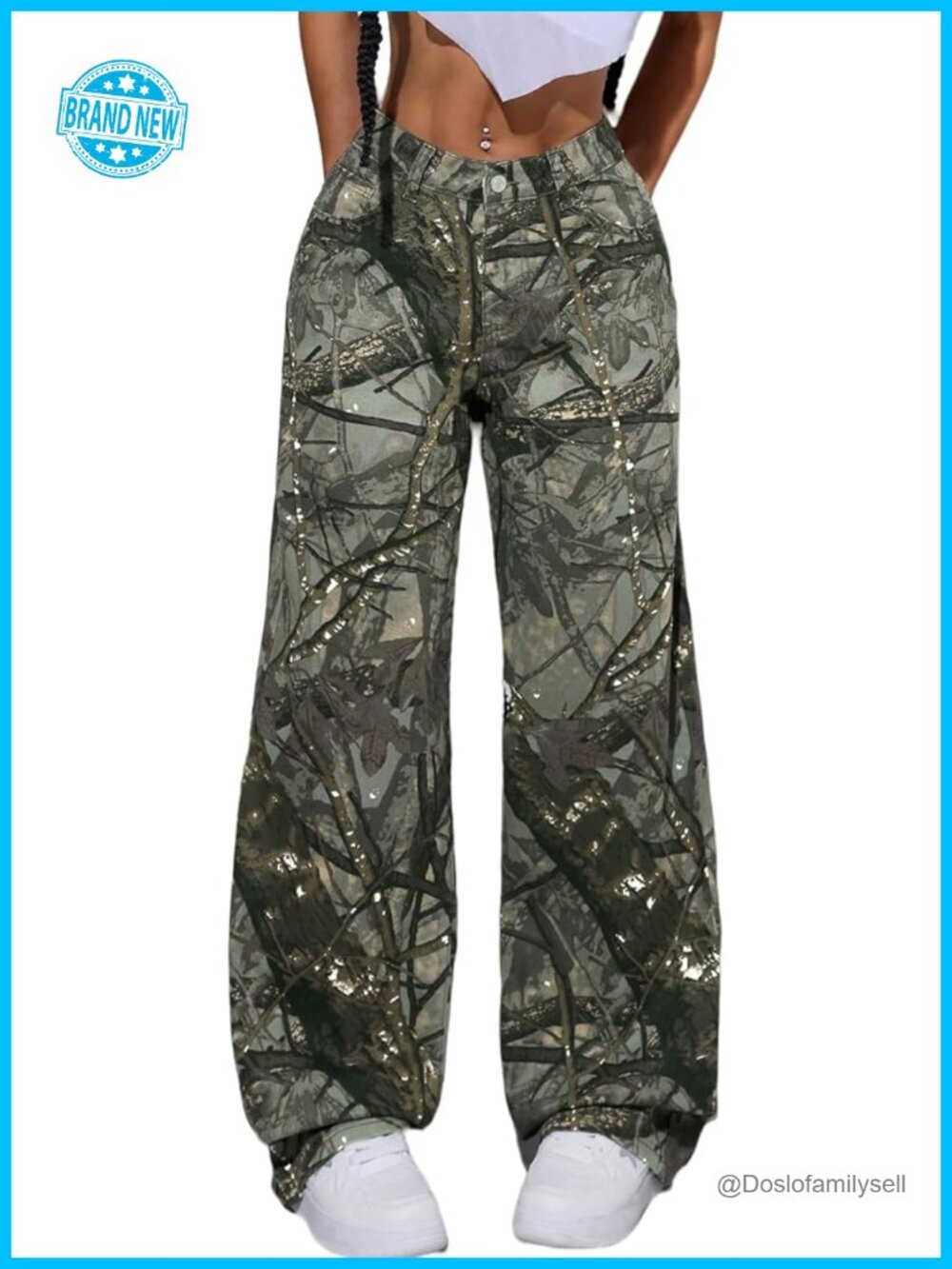 Women Camouflage Cargo Pants Low Waist Baggy Straight Wide Leg Trousers with